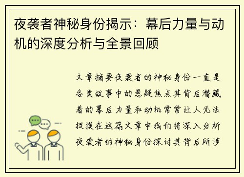 夜袭者神秘身份揭示：幕后力量与动机的深度分析与全景回顾